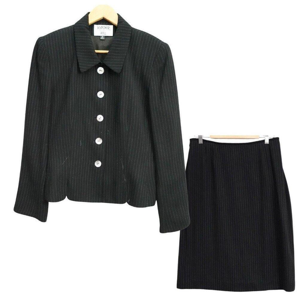 Kasper ASL black Pin Stripes skirt suit 2 Piece Set Size 12 Office Siren Chic